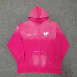 Sudadera con Capucha Personalizada de Estilo Vintage con Lavado Ácido, Talla Grande, Cierre de Cremallera, Remaches de Diamantes de Imitación, Impresión DTG y Pintura en Aerosol para Hombre - Product Image 1