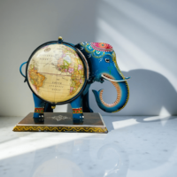 Globe terrestre décoratif artisanal en forme d'éléphant, design de nez, art métallique, globe terrestre antique rotatif, carte du monde, mariage rajasthani