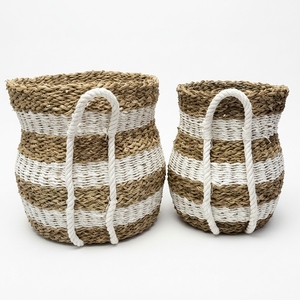 Natural Seagrass Recycled <b>Plastic</b> Storage <b>Basket</b> Set White Stripe Belly Pot Planter Pure Art Arch Handle Decor Setup Room Design - Product Image 1