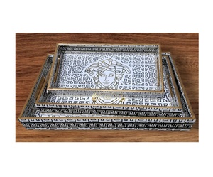 Bandeja de servicio decorativa de lujo Bandeja de almacenamiento decorativa de madera pintada a mano vintage Juego de bandeja de servicio de Ramadán - Product Image 1