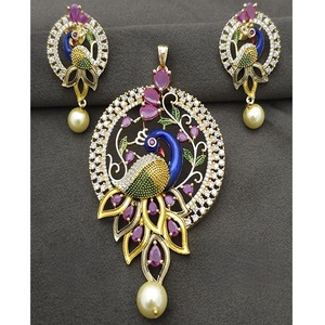 Conjunto de colgante con tachuelas Navratana con acabado dorado y blanco elegante y glamoroso con pendientes AD Stones para fiestas de boda para mujer - Product Image 1