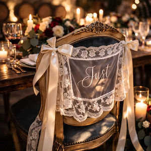 Élégantes bannières de chaise en dentelle transparente pour mariés, brodées « Just Married », pour décoration de table des mariés - Product Image 2
