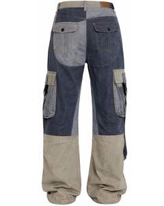 Pantalon cargo en jean patchwork pour femme, bleu kaki, jambe large, denim, streetwear, coupe ample, multi-poches, vintage, utilitaire, tendance - Product Image 2