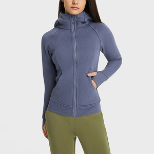 Sudadera con capucha de punto para mujer, para invierno/otoño, con logo frontal personalizado, color liso, cremallera completa, holgada, transpirable, antiencogimiento, para correr al aire libre - Product Image 2