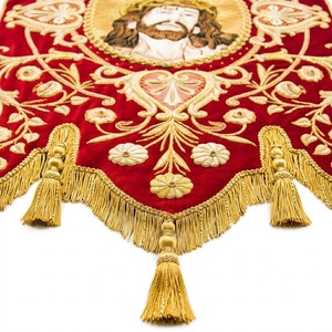 Handmade Red Velvet Church <b>Banner</b> Heavyweight Embroidered Liturgical Processional <b>Banner</b> with Gold Fringe - Product Image 2