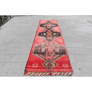 Vintage 3.3x12.4 ft Wool Turkish <b>Runner</b> Rug <b>Red</b> Patchwork Design Eco-Friendly Latex Backing - Product Image 1