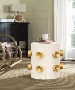 KINNETTE CREAM TRADITIONAL ADJUSTABLE HANDMADE END <b>TABLE</b> with Eco-Friendly Durable MDF & Leather for Apartment Living Room - Product Image 1