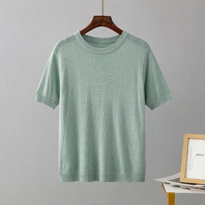 Vêtements brillants printemps été col rond mélange couleur Patchwork pull femmes décontracté à manches courtes pull tricot pull Slim hauts - Product Image 3