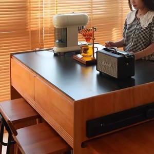 Modern North American Black Walnut <b>Dining</b> <b>Table</b> with Integrated Kitchen Island and Retractable Solid Wood Rock Plate Vanity <b>Top</b> - Product Image 1