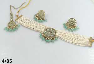 LATEST ANTIQUE MOTIPEARL & <b>DROP</b> FASHIONABLE GOLD PLATED FANCY CHOKER <b>NECKLACE</b> WITH MANGTIKKA EARRING SET & JEWELLERY SET WOMEN - Product Image 3