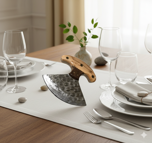 Couteau Ulu artisanal avec lame en acier Damas Raindrop, manche en bois, couteau à dépecer avec étui en cuir, MOQ 5 pièces - Product Image 2