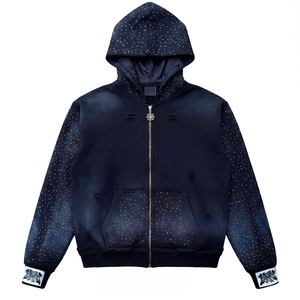 Sudadera con capucha personalizada con cremallera completa y pedrería, estilo vintage, de peso pesado, azul desgastado, con lavado ácido, estilo Y2K, ropa urbana. - Product Image 2