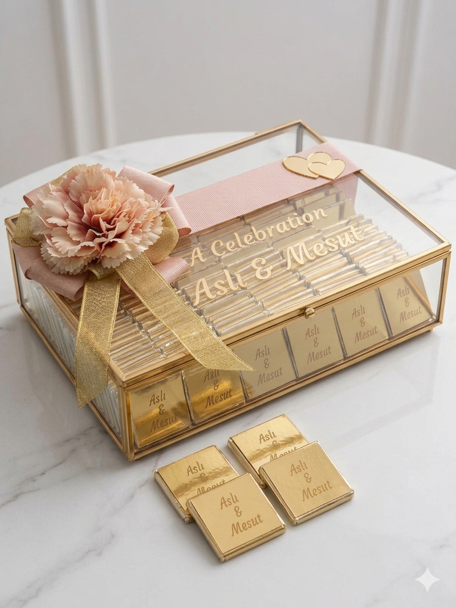 Gold Glass Box -100 pcs Chocolate with Gold Plexi