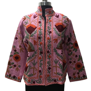 Hecho a mano Boho Chic Multicolor Suzani Chaqueta de algodón bordada transpirable tradicional artesanal diseño Floral para mujeres - Product Image 1