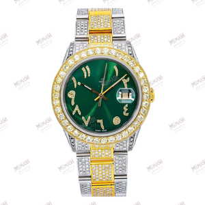 Montre de luxe en moissanite bicolore avec cadran vert, chiffres arabes et bracelet glacé complet Montre élégante - Product Image 4