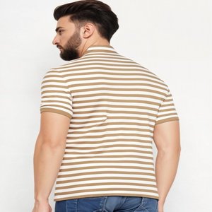 Men's <b>Green</b> & <b>White</b> <b>Striped</b> T-<b>Shirt</b> with for Polo Collar Short Sleeves & Knitted Button Closure ODM Regular Length Solid Pattern - Product Image 6