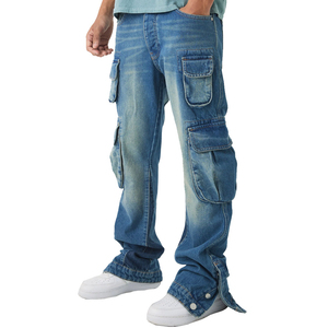 Fabricant en gros de denim, pantalon cargo baggy en denim délavé couleur pierre pour hommes, design personnalisé, coupe droite ample, pantalon cargo en denim - Product Image 1