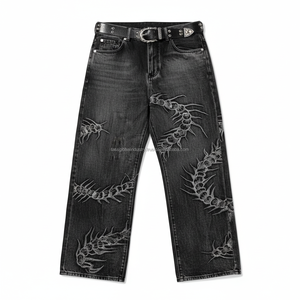 กางเกงยีนส์ทรงหลวมสไตล์โกธิค Y2K ฮิปฮอป สำหรับผู้ชาย ลายปักแมงป่อง ขากว้าง - Product Image 4