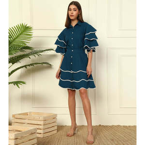 Deebaco Women's Solid Teal Cotton Shirt Dress <b>Skirt</b> <b>Co</b>-Ord Set Ruffled Sleeves Turn-down Collar Knee Length Casual Summer Wear - Product Image 3
