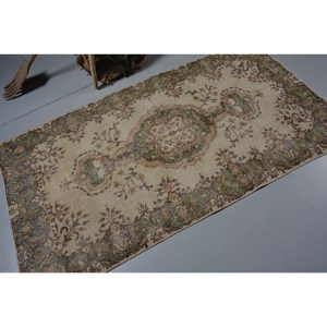 Tapis traditionnel en laine verte beige 3.7x6.8 pieds Vintage turc Aubusson Design Patchwork pour décor de salon 9x12 couloir Latex - Product Image 2