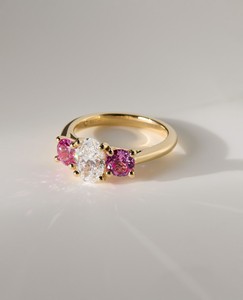 IGI Certified Oval Cut Lab Grown Diamond Three Stone Engagement Ring with <b>Pink</b> Side Stones in 9K Yellow/White & Rose Gold - Product Image 3