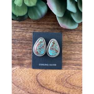 Wydelle Billie #8 Turquoise & Sterling <b>Silver</b> <b>Stud</b> <b>Earrings</b> Water Drop Shape with Bezel Setting - Product Image 5