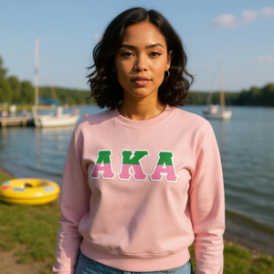   Sudadera de cuello redondo bicolor con letras, rosa claro con letras griegas en verde rosa, jersey de forro polar para hermandad - Product Image 6