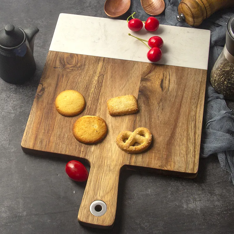 Marble And Acacia Wood Round Cheese Board with Handle Marble Cutting Board Chopping Board