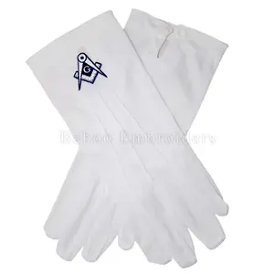 ถุงมือผ้าฝ้ายสีขาวเมสันิกสแควร์และการปักเข็มทิศ
