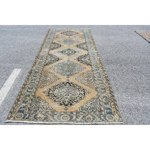 Alfombra Turca de 4.6x11.5 pies, Alfombra Vintage, Alfombra de Lana con Estampado Animal Azul Marrón - Product Image 3