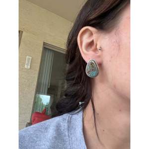 Wydelle Billie #8 Turquoise & Sterling <b>Silver</b> <b>Stud</b> <b>Earrings</b> Water Drop Shape with Bezel Setting - Product Image 1