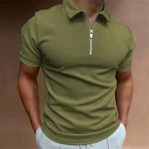 Camiseta de manga corta con cremallera para hombre, camiseta de Color sólido, tela de punto antiarrugas bordada - Product Image 3