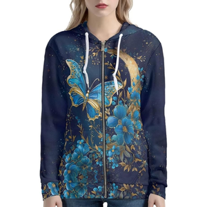 Sudadera con capucha y cremallera de gran tamaño personalizada Vintage Flower Butter Fly 3D bordado Casual algodón polar con cuello con capucha - Product Image 1