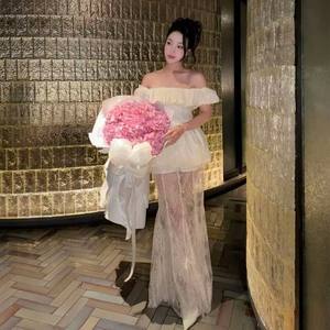 OEM ODM Elegant White <b>Chiffon</b> Ruffle Top & Lace Maxi <b>Skirt</b> Set for Women - Product Image 1