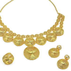 Wholesale Brass <b>14K</b>/18K/24K Dye <b>Gold</b> Plated Flower Pattern Traditional Fashion Wedding <b>Necklace</b> & Earrings Set - Product Image 2