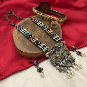 Ensembles oxydés de haute qualité pour femmes collier avec boucles d'oreilles et bague belle tenue décontractée bijoux Navratri ensembles Collection - Product Image 2