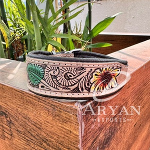 Nouveau collier de chien en cuir sculpté à la main formation florale collier de chiot rembourré haute qualité en cuir véritable colliers de chien confortables - Product Image 1