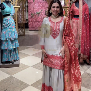 ชุดเดรส Sharara Dupatta แบบอินเดีย,ชุดเดรสผ้าไหมซาตินหนักสำหรับงานแต่งปักลายเสื้อผ้าราคาสมเหตุสมผล - Product Image 1