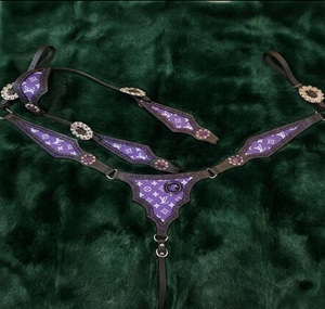 Horse <b>leather</b> breast collar western tack chest <b>harness</b> turquoise concho bead stud adjustable strap riding halter set - Product Image 2