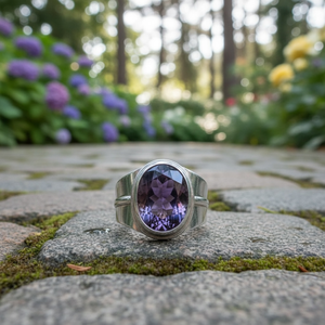 Bague en argent sterling avec améthyste naturelle, faite à la main, moderne, ovale, pour femmes, bijoux de naissance de février - Product Image 6