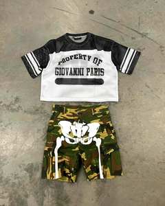 Vente en gros Ensemble short personnalisé Ensemble short cargo en jean d'été surdimensionné Deux pièces Impression Survêtement Ensembles short et maillot en maille - Product Image 4