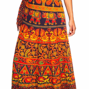 Jupe portefeuille en satin taille élastique pour femme avec long imprimé naphtol orange jaune avec broderie - Product Image 1