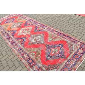 4.6x12.9 ft Vintage Turkish Rug, <b>Runner</b> Rug, <b>Red</b> Striped Rug - Product Image 4