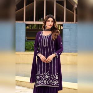 Ensemble haut et bas en georgette premium avec broderie lourde et dupatta en georgette assorti pour la saison festive, style ethnique indien - Product Image 4