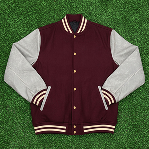 เสื้อแจ็คเก็ตเลตเตอร์แมนแบบมีโลโก้สั่งทำได้ คุณภาพสูง แขนหนัง PU ผ้ายืด สไตล์วาร์ซิตี้ สำหรับผู้ชาย - Product Image 1