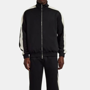Survêtement noir pour homme avec bandes latérales blanches, col roulé zippé, design sportif, coupe classique, polyester et coton, pour l'automne - Product Image 6