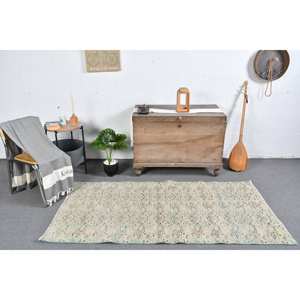 Tapis Turc Vintage Moderne Beige Bleu 3.3 X 6.5ft Fait Main Laine Latex Grand Rectangle Peluche Classique Patchwork pour Couloir - Product Image 1