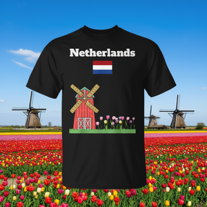 T-Shirt Promozionale Souvenir Olandese con Mulino a Vento, Tulipani e Bandiera Olandese - Product Image 3