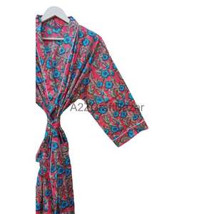 Bata de Casa de Algodón Puro con Estampado Indio, Kimono de Verano, Cubierta Floral para la Playa/Vestido Largo y Cómodo para Dormir, Uso Diario - Product Image 3