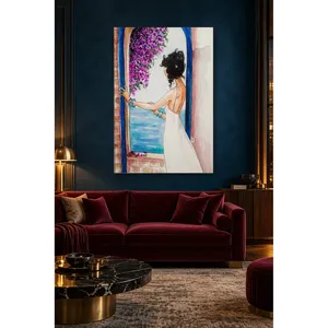 Fida Woman in White Dress Looking at the Sea from a Bougainvillea Window <b>Canvas</b> Print - Product Image 4